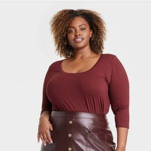 NWT Women's Elbow Sleeve Tunic T-Shirt - Ava & Viv™ Burgundy 2X